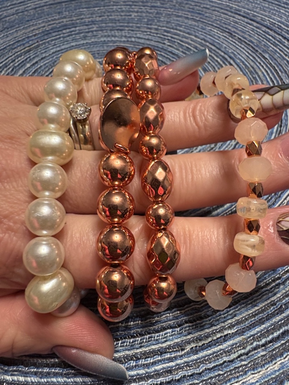 paparazzi Rose Gold and Pearl Multi-Strand Bracelet Set with Earrings - Picture 2 of 3